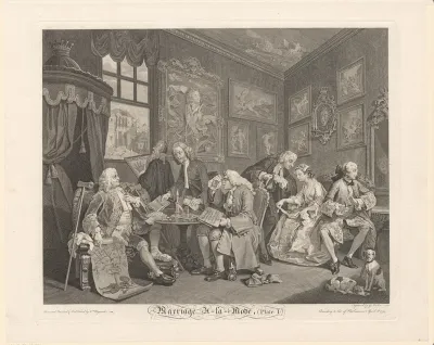 Interieur met rechts de zoon van graaf Squanderfield en de dochter van een koopman