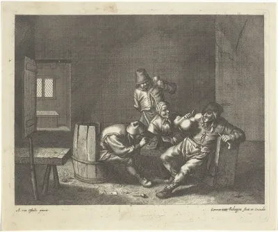 Interieur met rokende en drinkende boeren