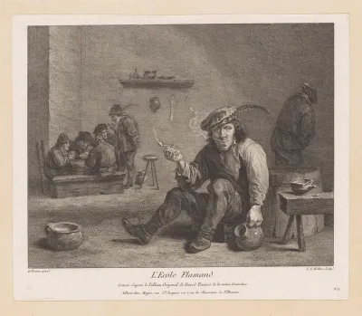 Interieur met rokende man en groep kaartspelers