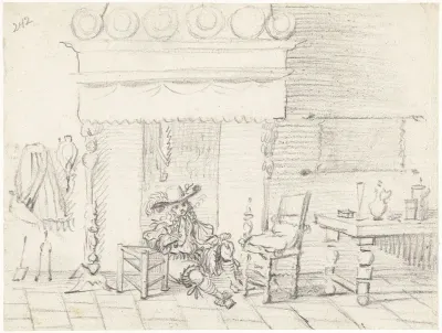 Interieur met rokende man op de vloer