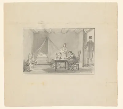 Interieur met rouwende familie bij een sterfbed