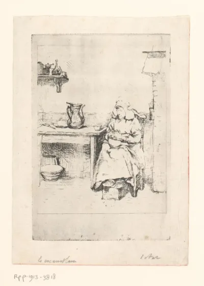 Interieur met schillende boerin