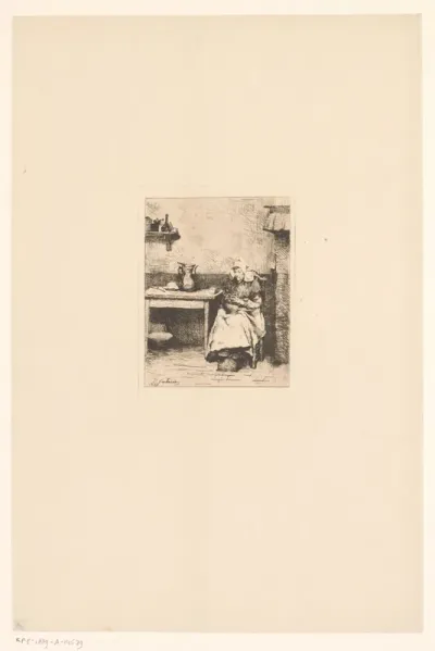 Interieur met schillende boerin