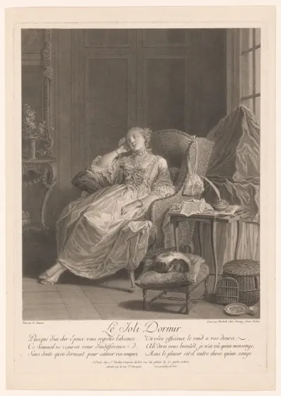 Interieur met slapende elegante dame in stoel