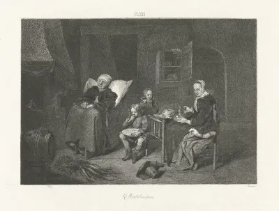 Interieur met slapende vrouw voor een schouw