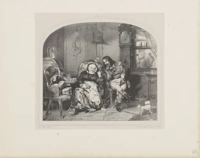 Interieur met soldaat en oude vrouw