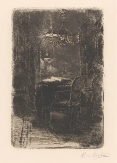 Interieur met spiegel en tafel met opengeslagen boek