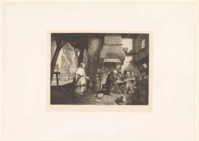 Interieur met staande vrouw en een man die in de keuken een boek leest