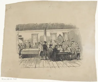 Interieur met tientallen mannen en een biljarttafel