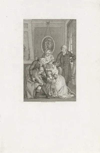 Interieur met treurende familie