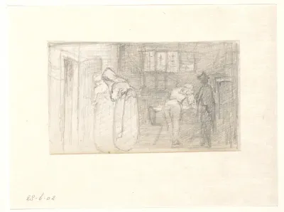 Interieur met treurende personen bij een lijkkist