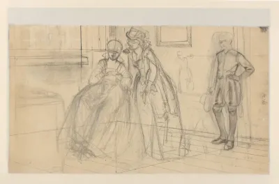 Interieur met twee brieflezende vrouwen en een wachtende bode