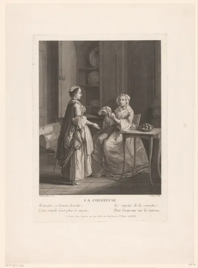 Interieur met twee elegante dames die nieuwe mutsen bekijken