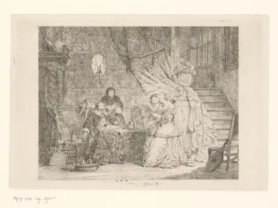 Interieur met twee jonge vrouwen die een ontwerp bekijken van de kunstenaar die aan tafel zit naast een staande vrouw