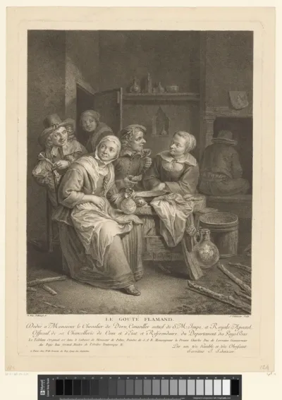 Interieur met twee koppels etende aan een tafel