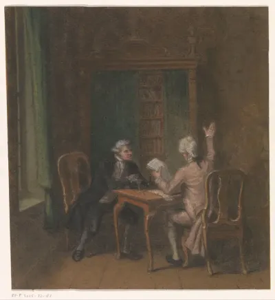 Interieur met twee mannen aan een tafel