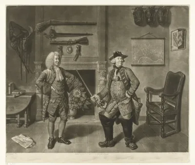 Interieur met twee mannen met wapens