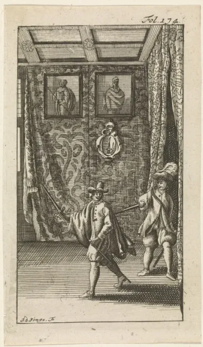 Interieur met twee mannen met zwaarden