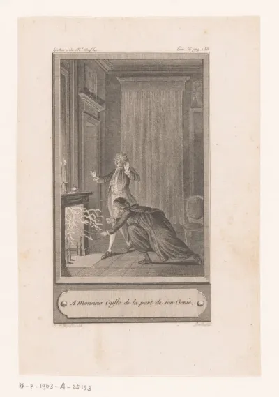 Interieur met twee mannen voor een vlammende haard