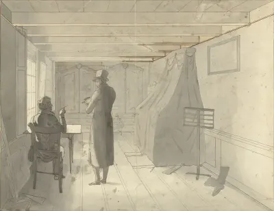 Interieur met twee mannen waaronder een tekenaar