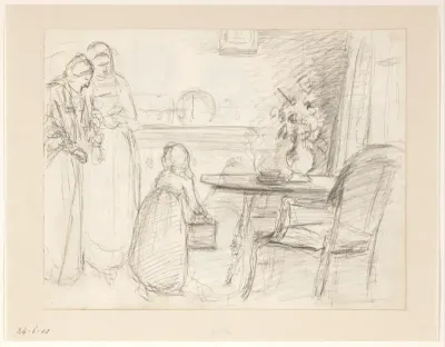 Interieur met twee vrouwen en een kind