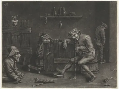 Interieur met urinerende man, brakende man, een kleine mens en een bedelaar