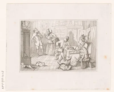 Interieur met vier figuren en tien katten