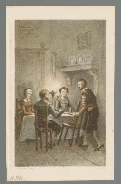 Interieur met vier figuren rondom een tafel
