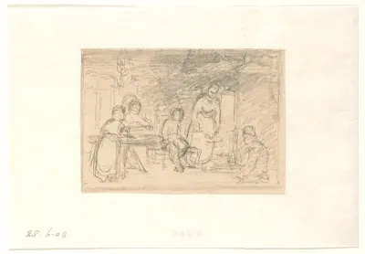 Interieur met vijf personen aan tafel en bij de haard