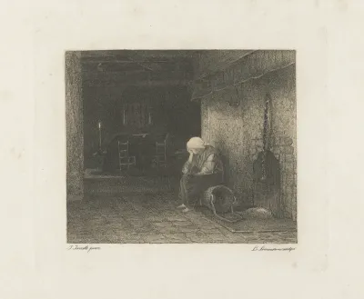 Interieur met vrouw bij de openhaard