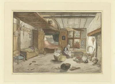 Interieur met vrouw bij wieg
