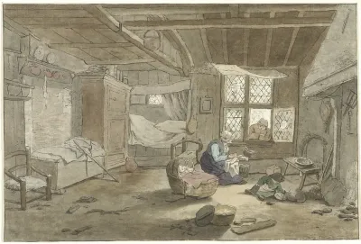 Interieur met vrouw bij wieg