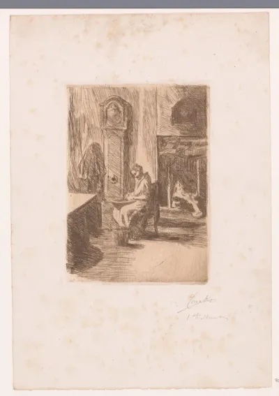 Interieur met vrouw die aardappels schilt