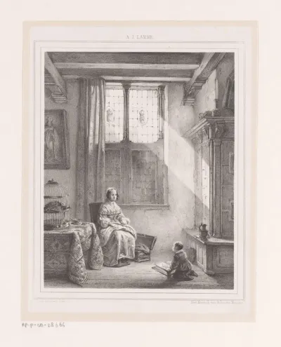 Interieur met vrouw en kind met boek
