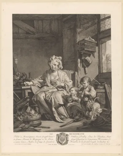 Interieur met vrouw en twee kinderen