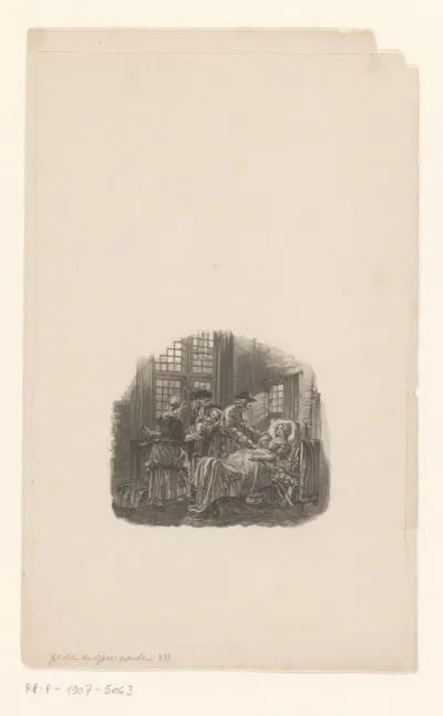 Interieur met vrouw in kraambed
