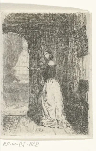 Interieur met vrouw met dienblad en man aan tafel