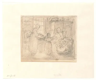 Interieur met vrouwen en een wieg