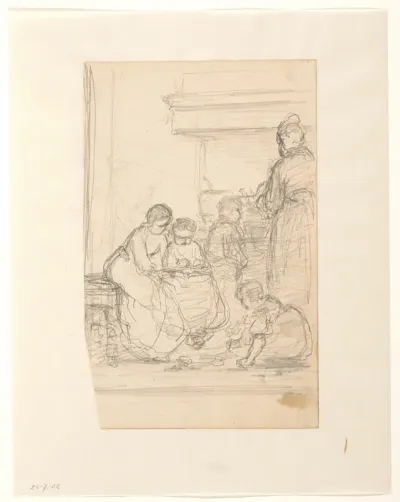 Interieur met vrouwen en spelende kinderen
