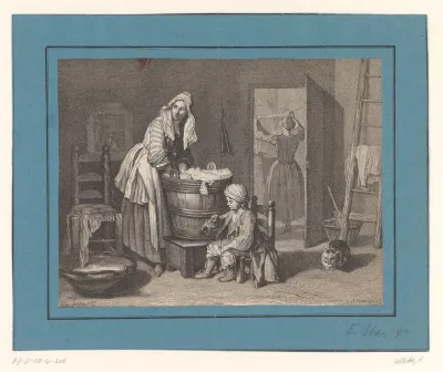 Interieur met wassende vrouwen en bellenblazend kind
