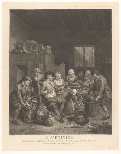 Interieur met zittende figuren en groentemanden