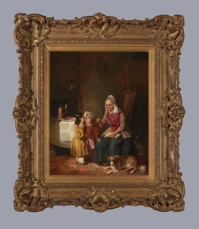 Interieur met zittende vrouw en twee meisjes, 1840–1849