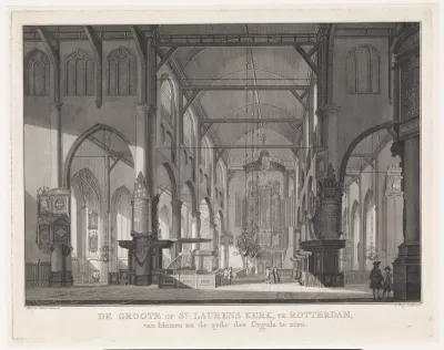 Interieur van de Grote of Sint-Laurenskerk te Rotterdam, gezien in de richting van het orgel