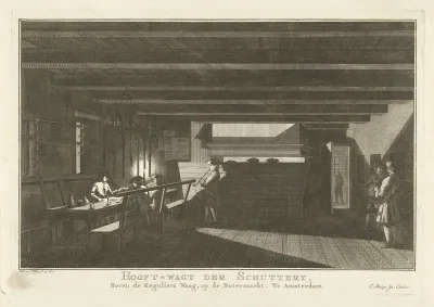 Interieur van de hoofdwacht van de schutterij op de Botermarkt te Amsterdam bij nacht