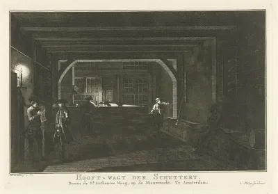 Interieur van de hoofdwacht van de schutterij op de Nieuwmarkt te Amsterdam bij nacht