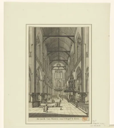 Interieur van de Nieuwe Kerk te Amsterdam, gezien richting het orgel