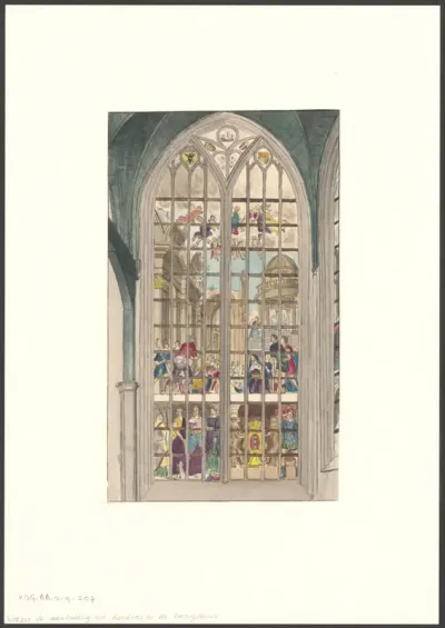 Interieur van de Oude Kerk met raam met de voorstelling van de aanbidding der herders