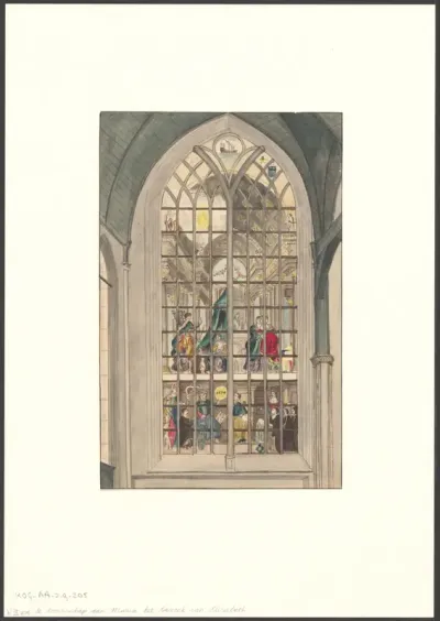 Interieur van de Oude Kerk met raam met de voorstelling van de Annunciatie en de Visitatie