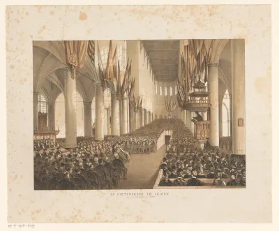 Interieur van de Pieterskerk te Leiden tijdens het derde eeuwfeest van de universiteit