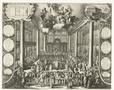 Interieur van de Portugese Synagoge te Amsterdam tijdens de inwijding, 1675